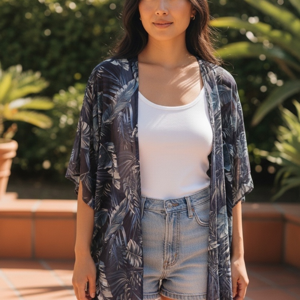 Navy Feather Print Kimono Cover-Up